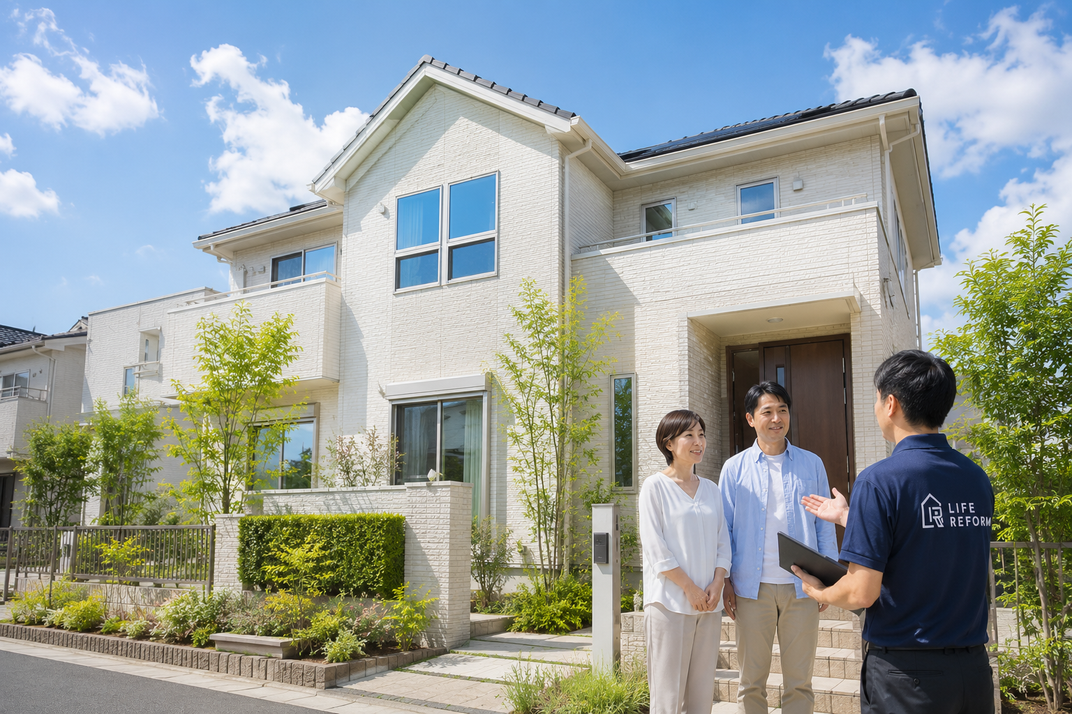 玄関先で住まいについて相談するご家族とLIFE REFORMスタッフ